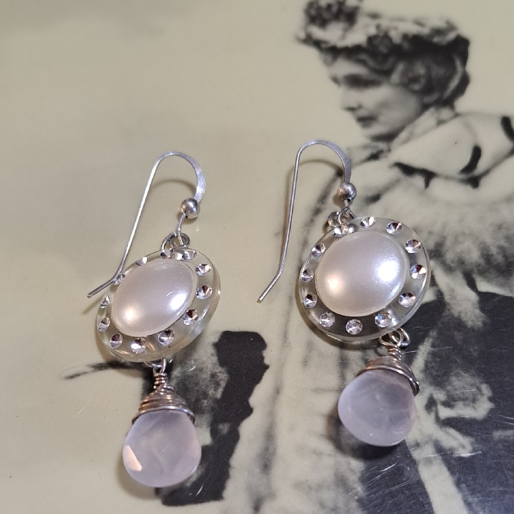 Upcycled vintage Earrings.  Vintage button, with faceted quartz crystal dangle.